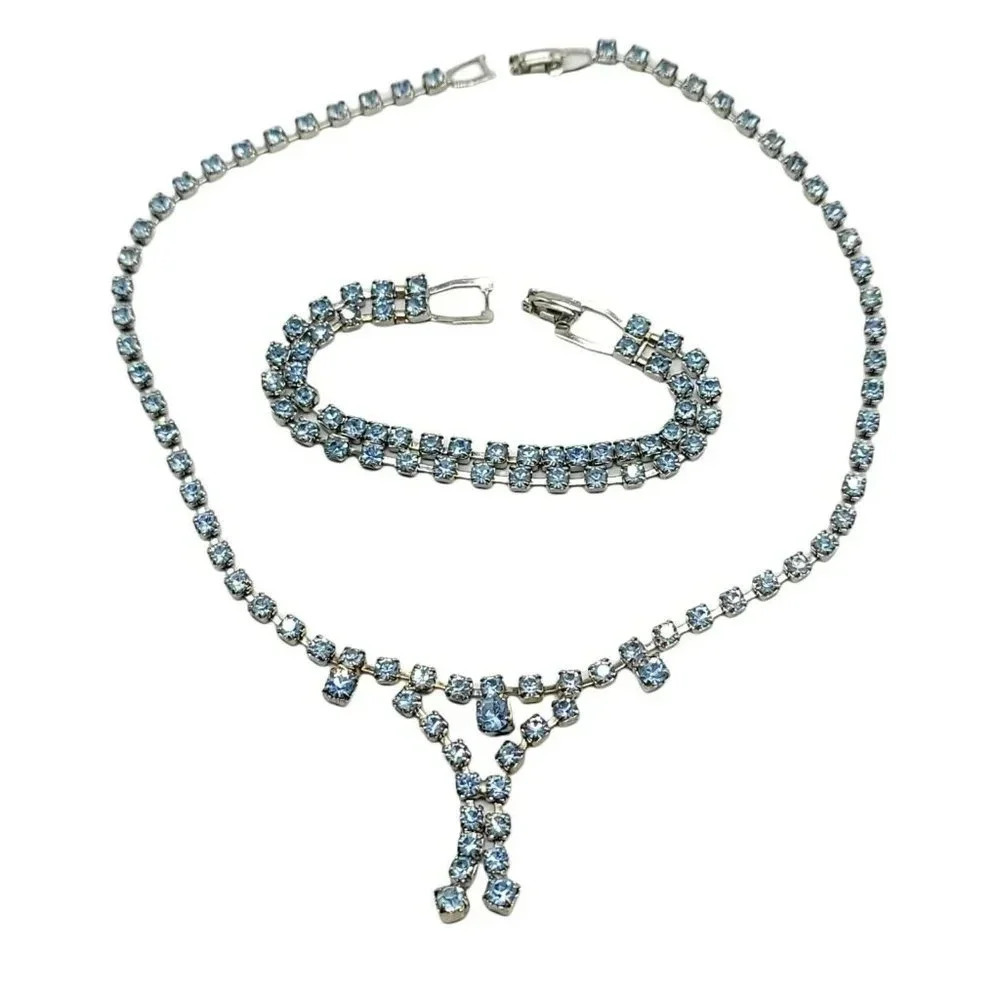 Light Blue Glass Rhinestone Silver Tone Art Deco Style Necklace Bracelet Set